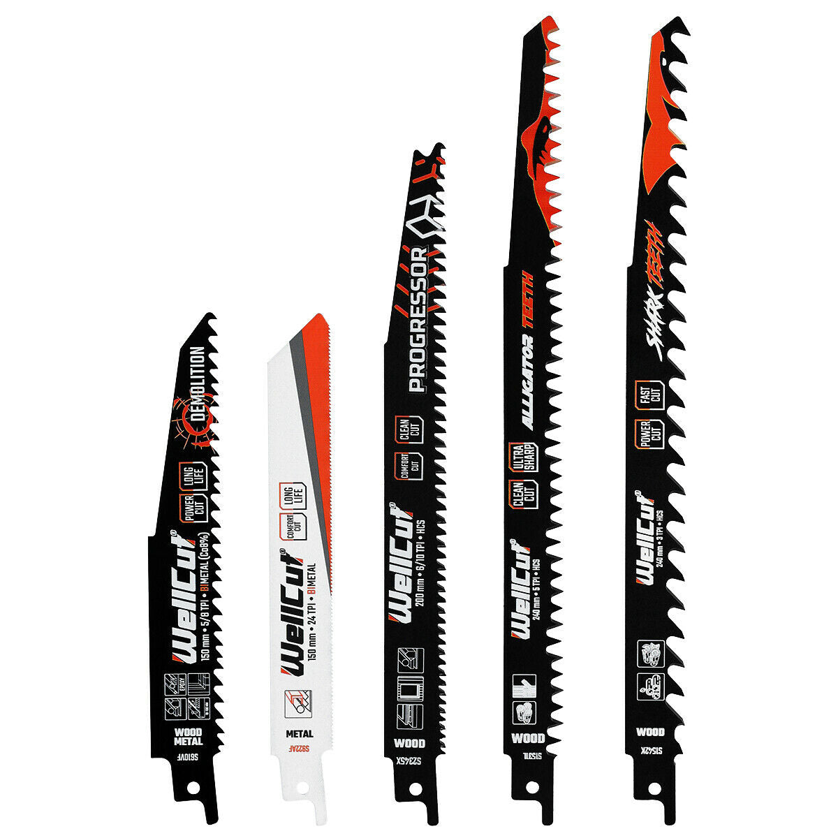 5pcs reciprocating saw blades for wood and metal suitable for Bosch, Dewalt and Makita tools. WellCut WC-RB5T