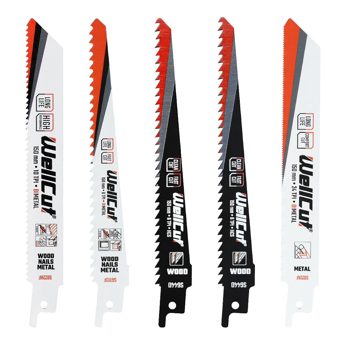 5 pcs. reciprocating saw blades for wood and metal suitable for Bosch, Dewalt and Makita tools. WellCut WC-RB5