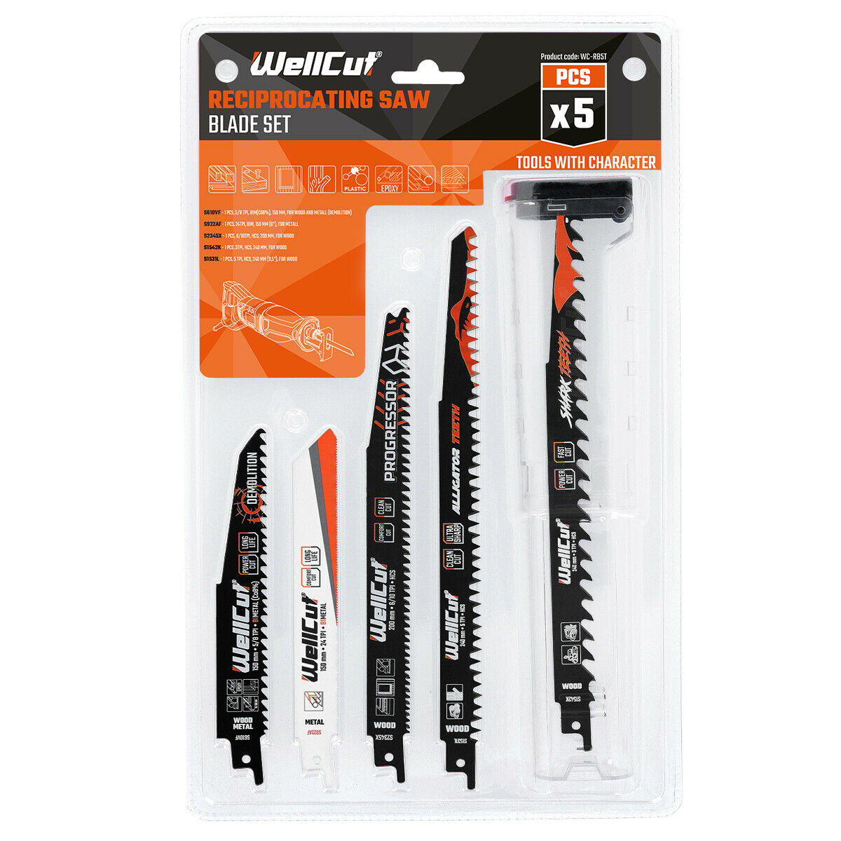 5pcs reciprocating saw blades for wood and metal suitable for Bosch, Dewalt and Makita tools. WellCut WC-RB5T