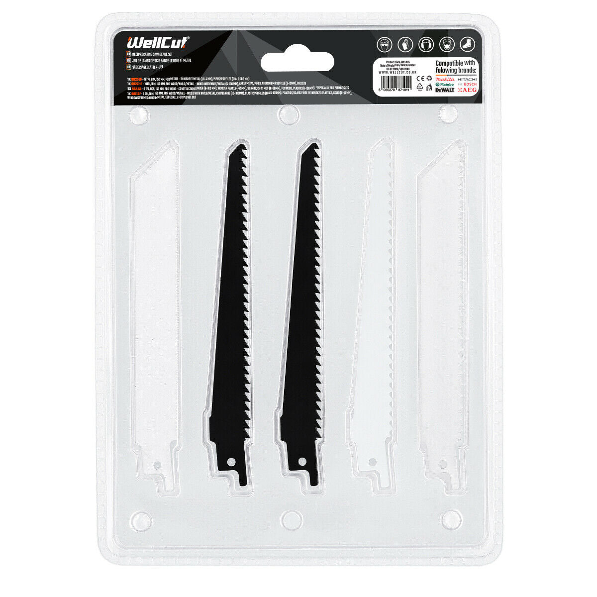 5 pcs. reciprocating saw blades for wood and metal suitable for Bosch, Dewalt and Makita tools. WellCut WC-RB5