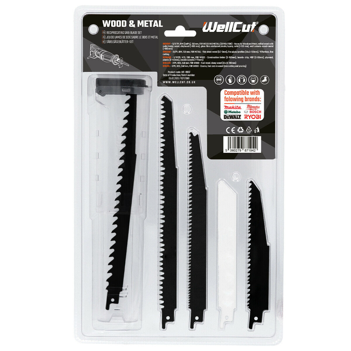5pcs reciprocating saw blades for wood and metal suitable for Bosch, Dewalt and Makita tools. WellCut WC-RB5T