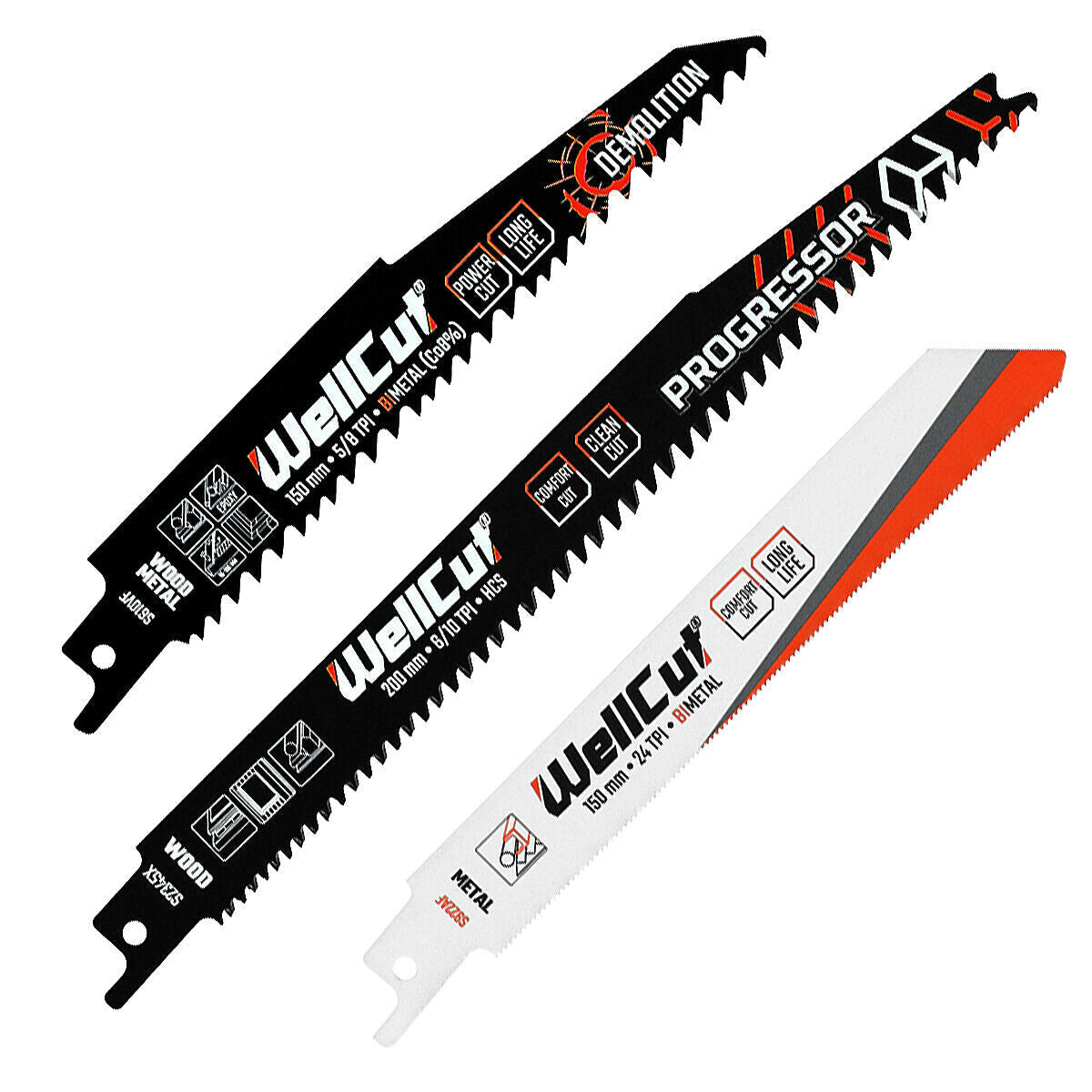 5pcs reciprocating saw blades for wood and metal suitable for Bosch, Dewalt and Makita tools. WellCut WC-RB5T