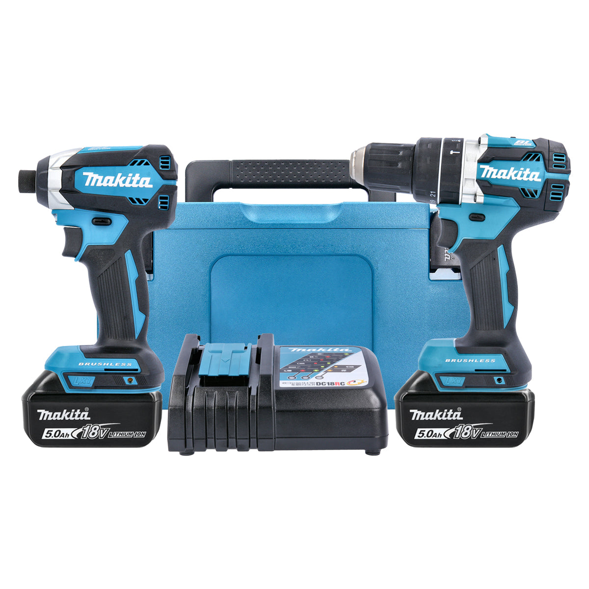Makita DLX2180TJ 18V Cordless Brushless Combi Drill & Impact Driver Twin Pack With 2 x 5.0Ah Batteries, Charger & Case
