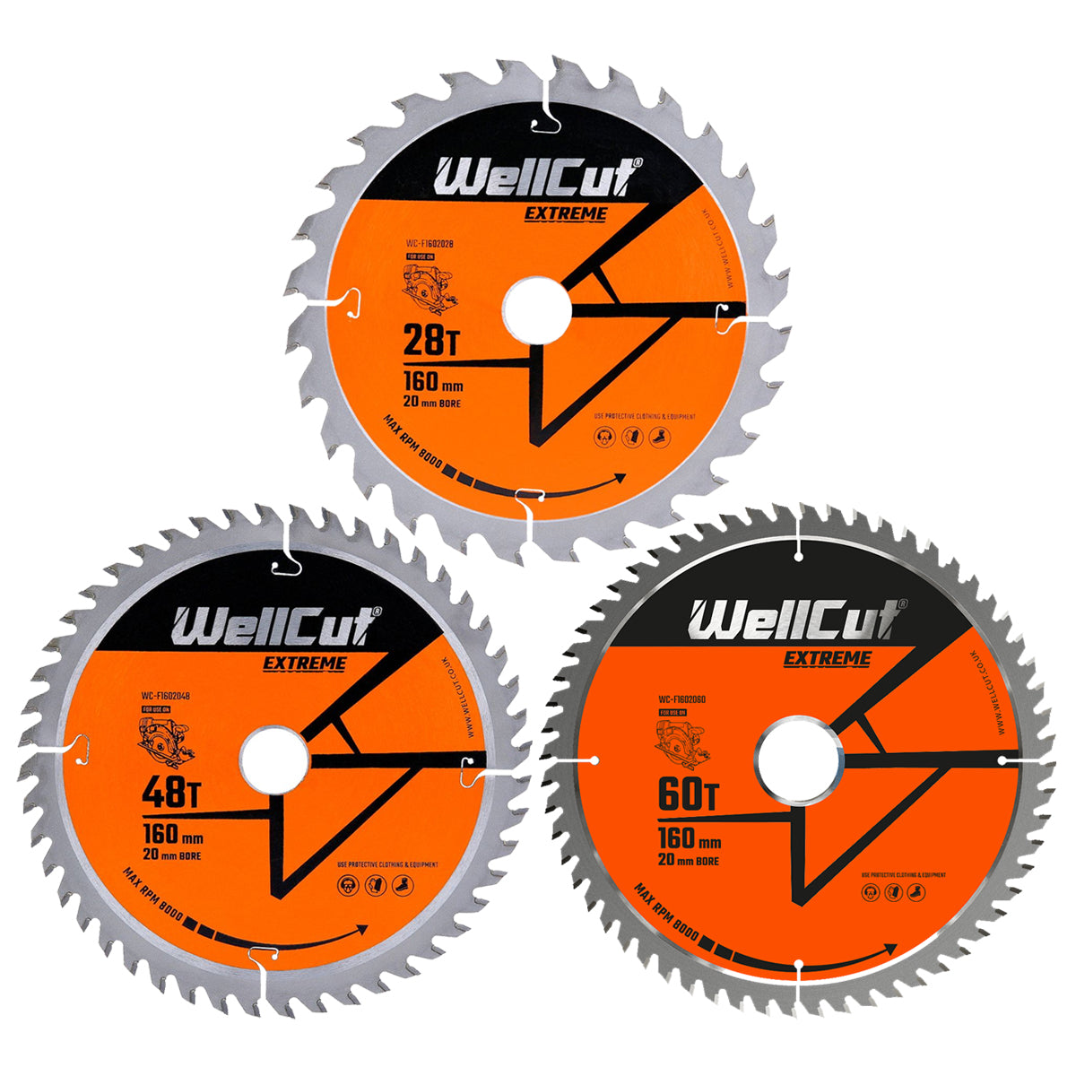 Circular saw blade set 28,48 and 60 teeth 160 x20mm WellCut® TCT Extreme