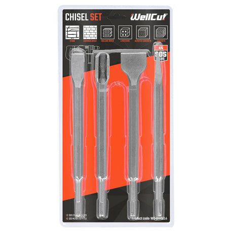 WellCut 4 pcs. SDS plus drill bit set for stone brick work WC-CHISEL4