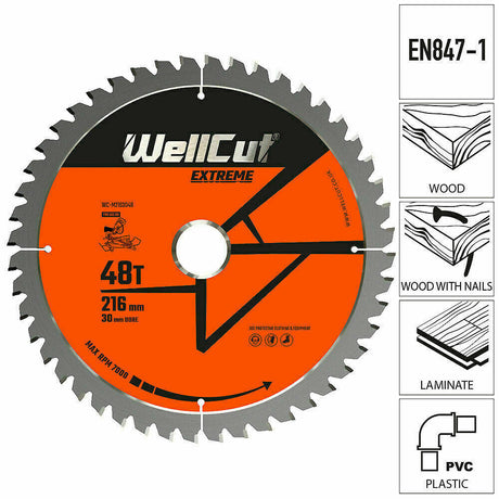 Circular saw blade, 216x30mm 48 teeth WellCut WC-M2163048