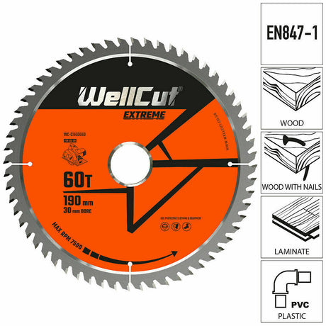 Circular saw blade, 190x30mm 60 teeth WellCut WC-C1903060