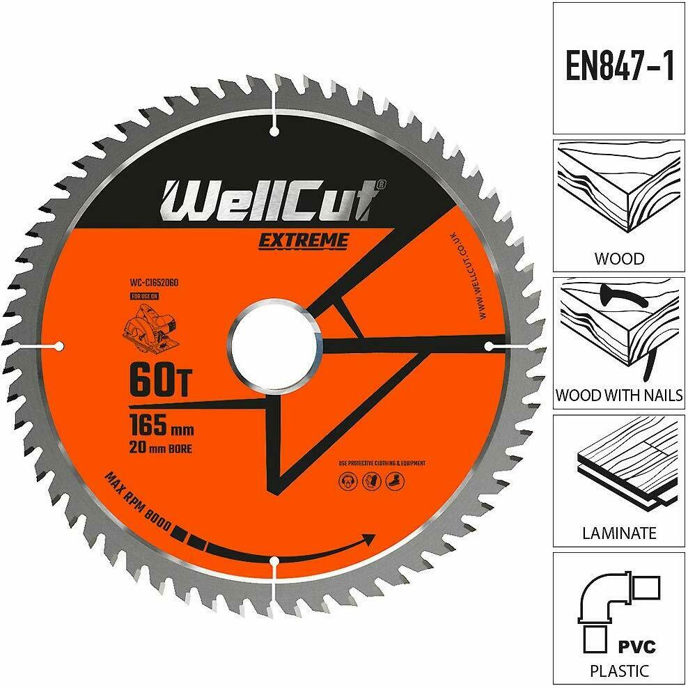 Circular Saw Blade WellCut 165mm x 20mm 60 Teeth WC-C1652060 Fits DSS610, M18CS55, GKS18