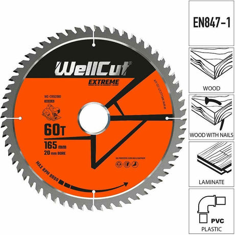 Circular Saw Blade WellCut 165mm x 20mm 60 Teeth WC-C1652060 Fits DSS610, M18CS55, GKS18