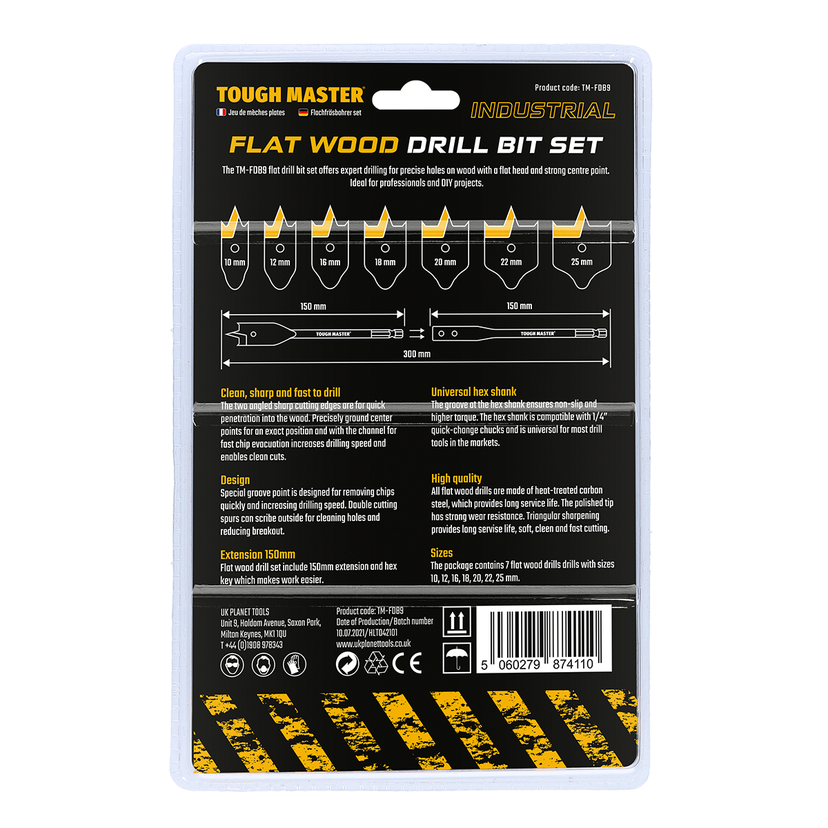 Flat drill bit set for wood 9pcs 10-32mm Tough Master TM-FDB9