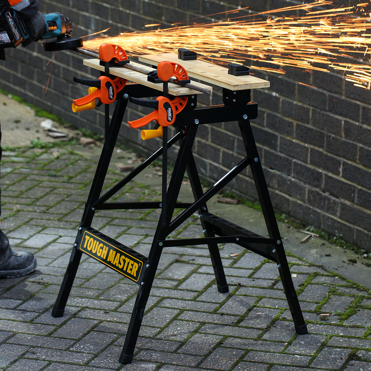 Folding work table, bamboo table top. Tough Master TM-WB100B