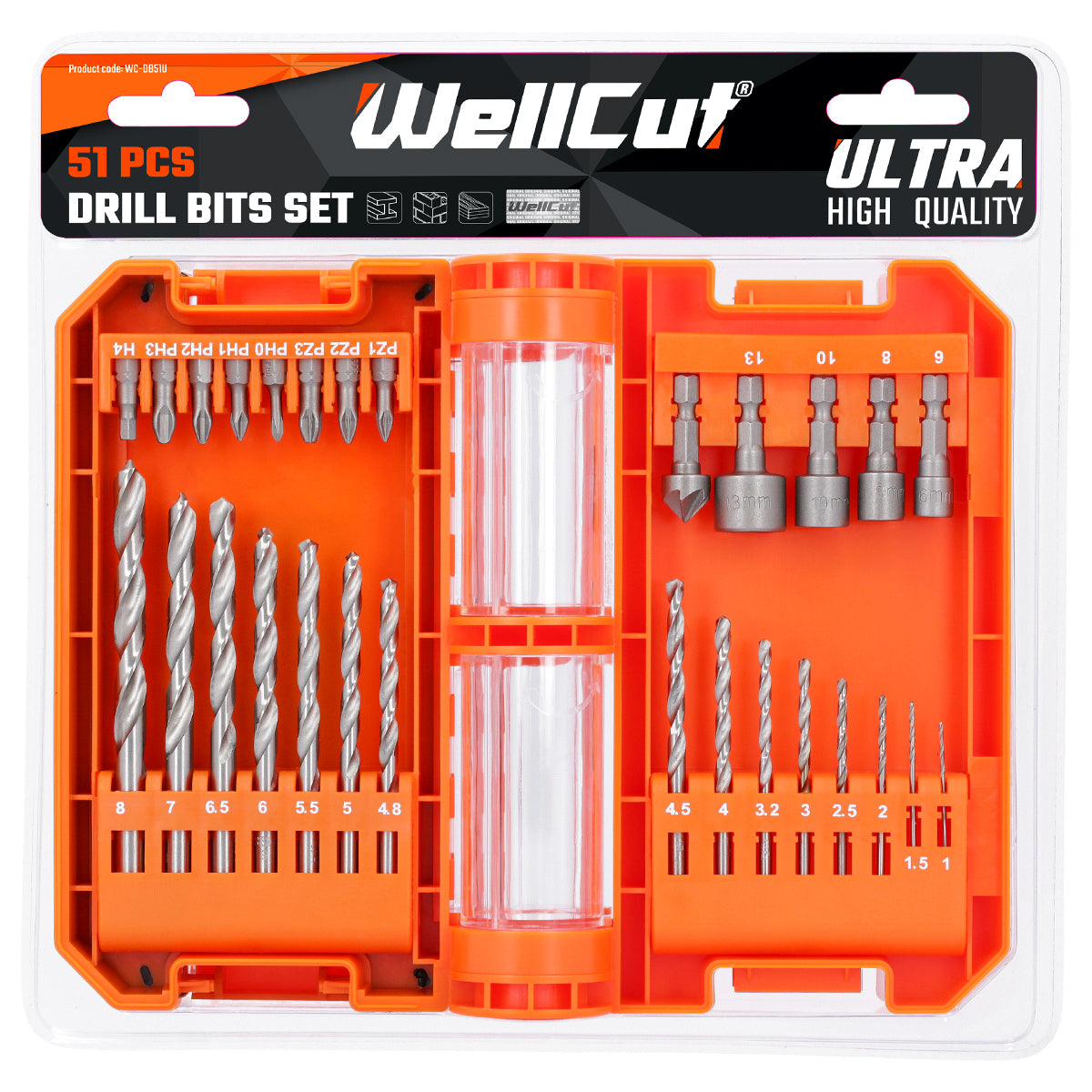 Drill set for wood, plastic, ceramics, in a compact case 51 pcs. WellCut WC-DB51U