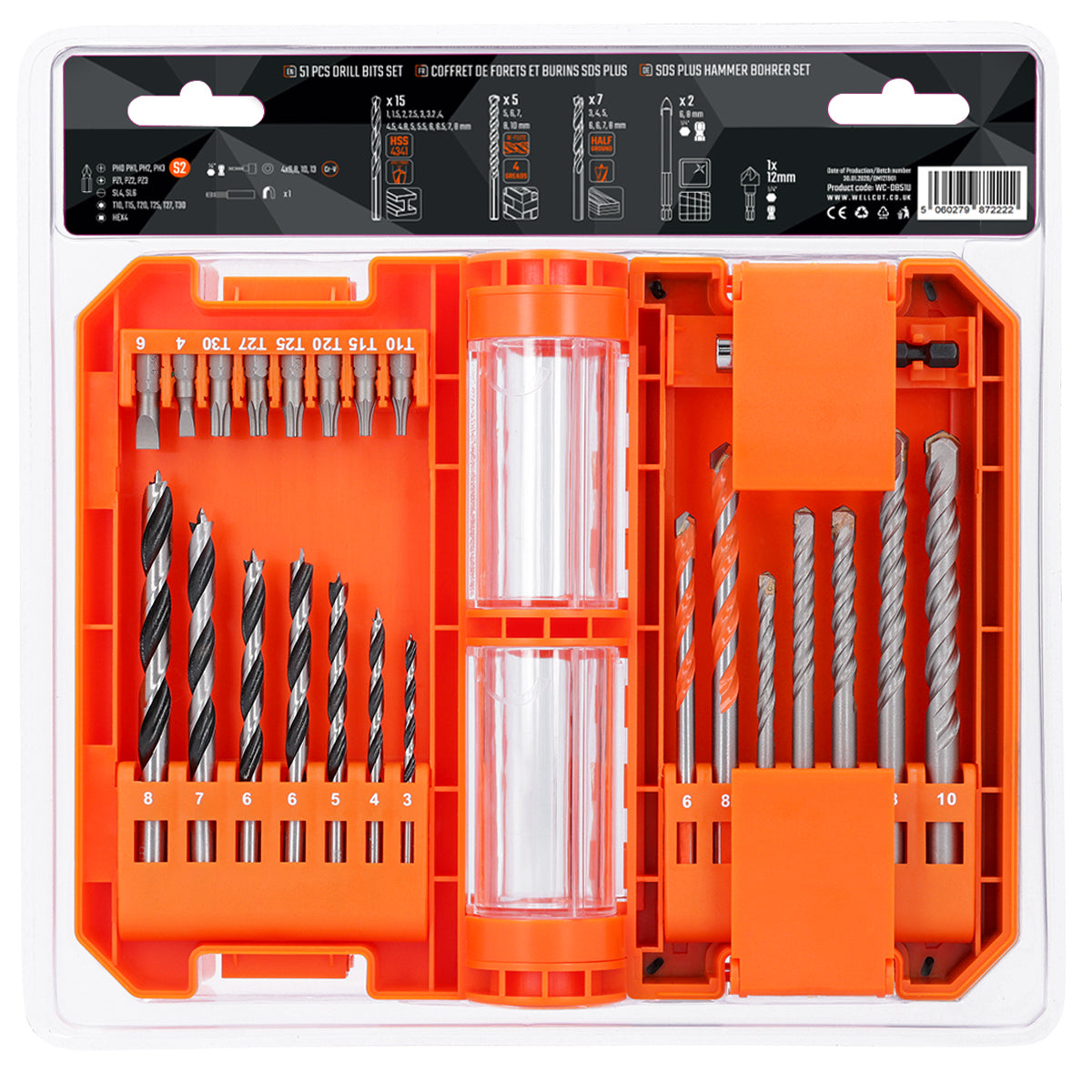 Drill set for wood, plastic, ceramics, in a compact case 51 pcs. WellCut WC-DB51U