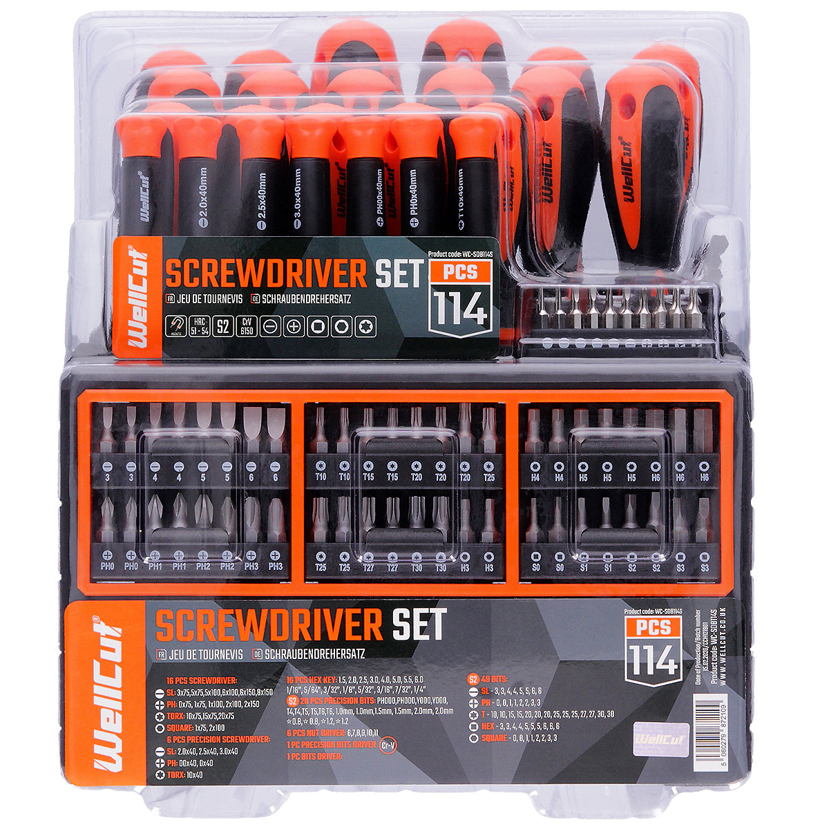 Set of screwdrivers and their bits with wall holder 114 pieces, WellCut WC-SDB114S