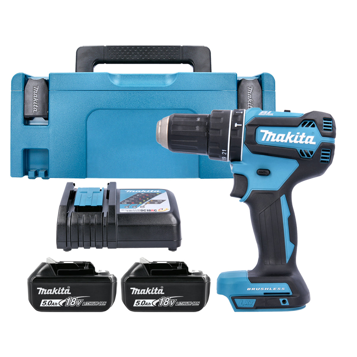 Makita DHP485RTJ 18V LXT Cordless Brushless Combi Drill With 2 x 5.0Ah Batteries, Charger &amp; Case 