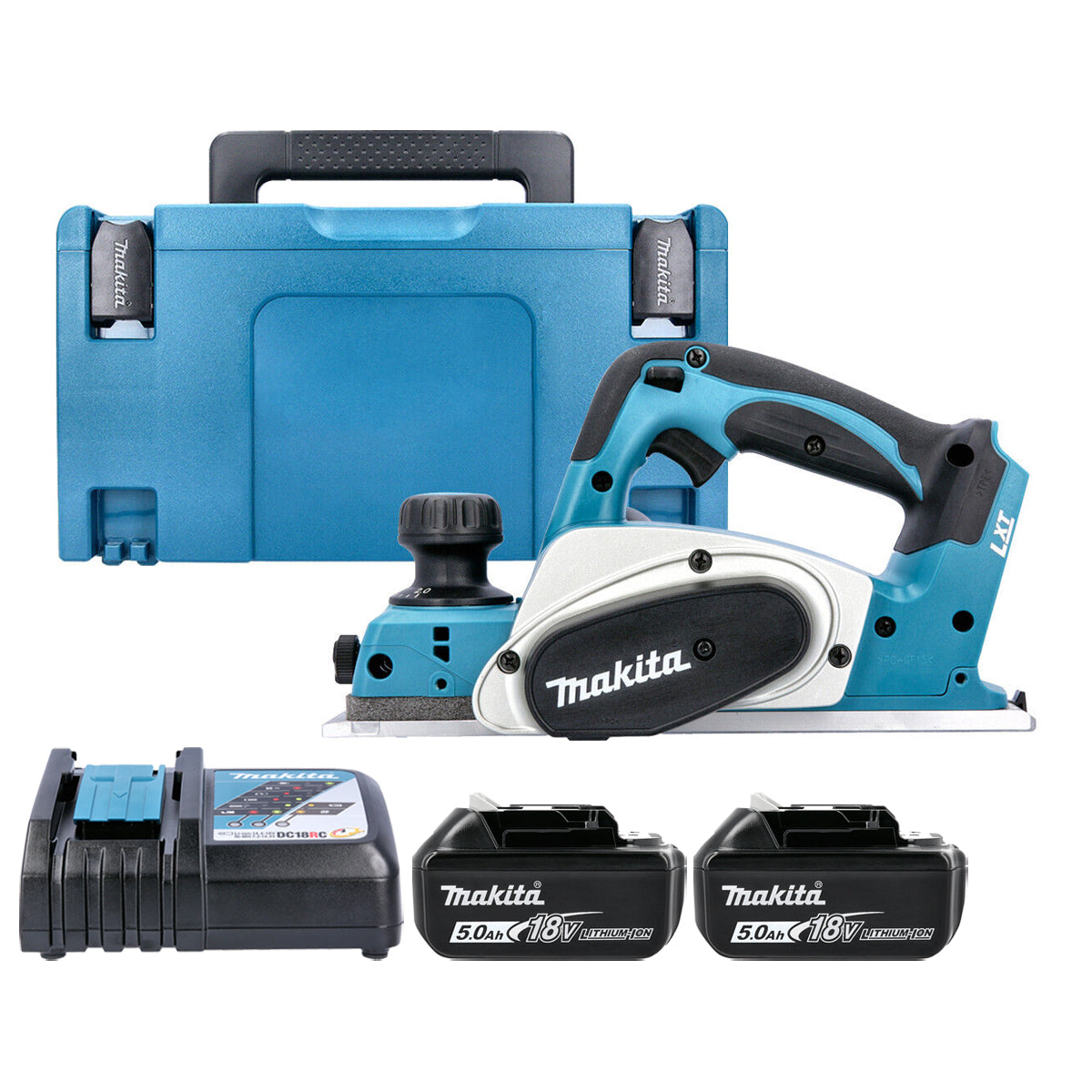 Makita DKP180RTJ 18V LXT Cordless 82mm Planer With 2 x 5.0Ah Batteries, Charger &amp; Case 