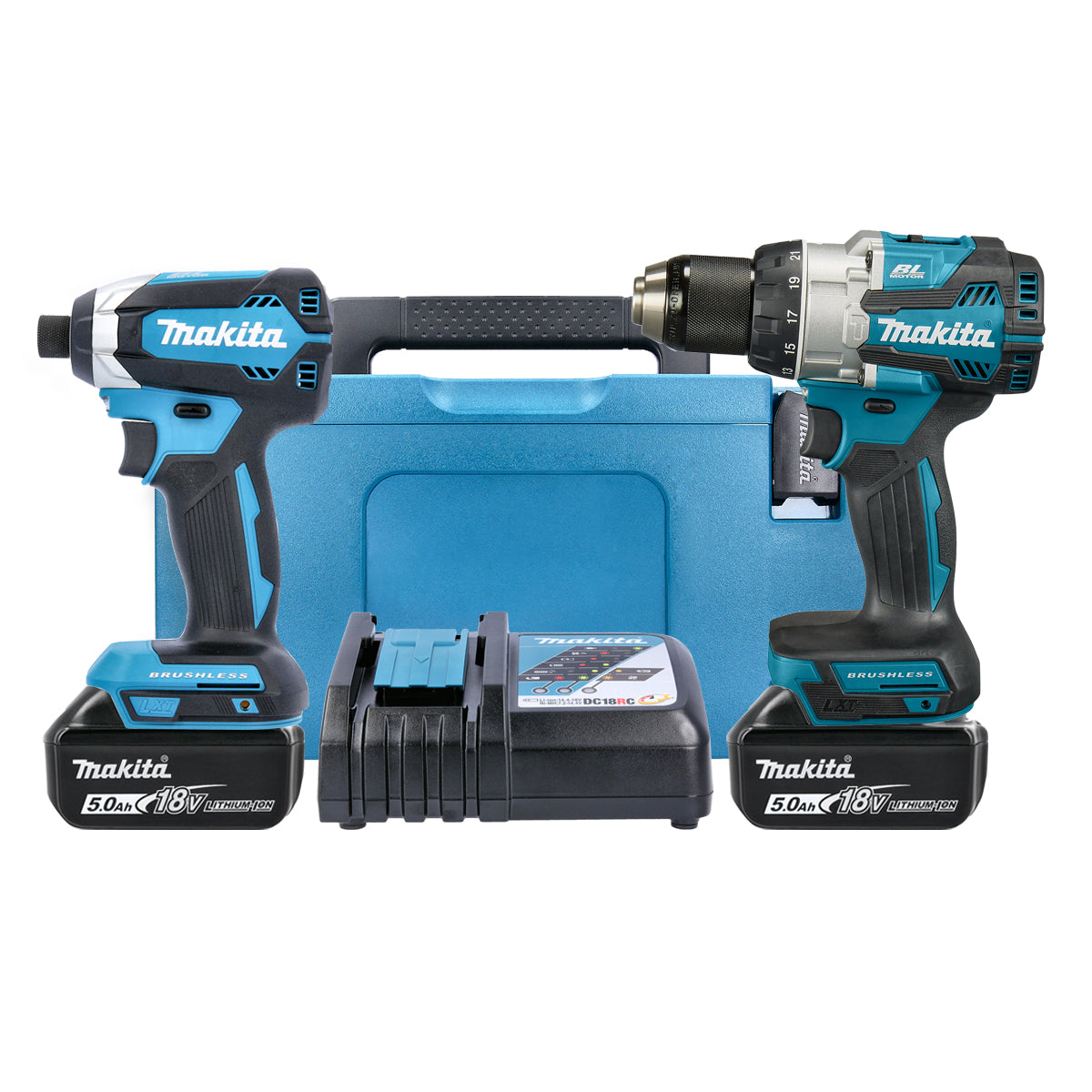 Makita DLX2507TJ 18V LXT Cordless Brushless Combi Drill &amp; Impact Driver Twin Pack With 2 x 5.0Ah Batteries, Charger &amp; Case 