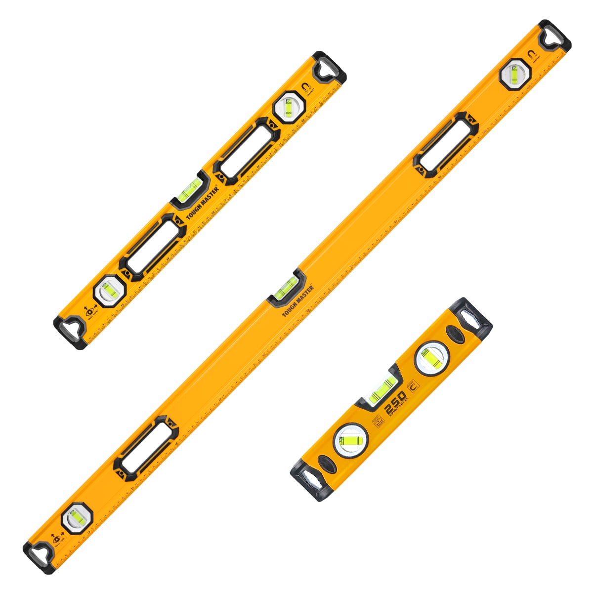 Tough Master 3 Piece PRO Spirit Level Set, Magnetic, 3 Vial High Accuracy, Front View Vial, Aluminum Shockproof Tool, 1200mm &amp; 600mm, 250mm