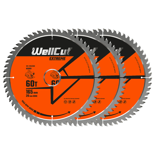 Diskinio pjūklo diskai, 3vnt 165x20mm 60 dantų WellCut WC-C1652060