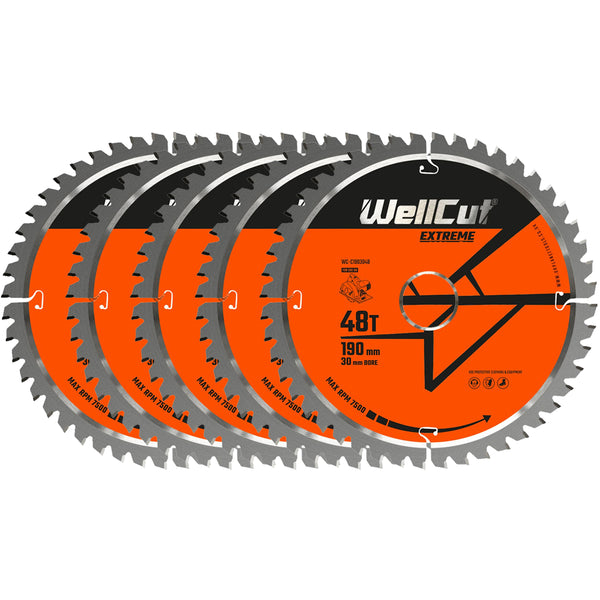 Diskinio pjūklo diskai, 5vnt 190x30mm 48 dantų WellCut WC-C1903048