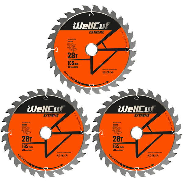 WellCut® TCT Extreme Circular Saw Plunge Saw Blade 165mm x 20mm x 28T, Suitable for SP6000, DWS520, DCS520, GKT55 - Pack of 3