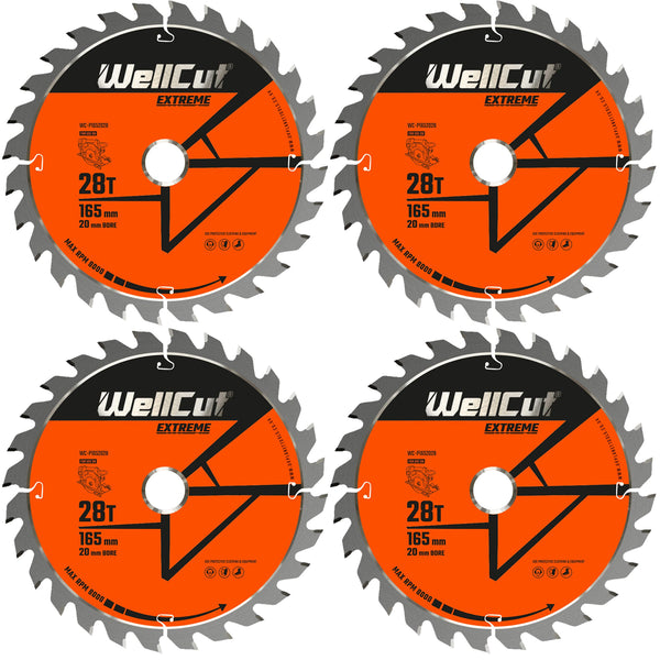 WellCut® TCT Extreme Circular Saw Plunge Saw Blade 165mm x 20mm x 28T, Suitable for SP6000, DWS520, DCS520, GKT55 - Pack of 4