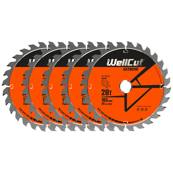 WellCut® TCT Extreme Circular Saw Plunge Saw Blade 165mm x 20mm x 28T, Suitable for SP6000, DWS520, DCS520, GKT55 - Pack of 5