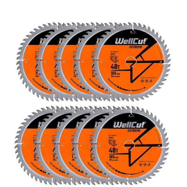 WellCut® TCT Extreme Circular Saw Plunge Saw Blade 165mm x 20mm x 48T, Suitable for SP6000, DWS520, DCS520, GKT55 - Pack of 10