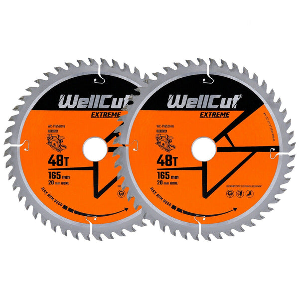 WellCut® TCT Extreme Circular Saw Plunge Saw Blade 165mm x 20mm x 48T, Suitable for SP6000, DWS520, DCS520, GKT55 Pack of 2