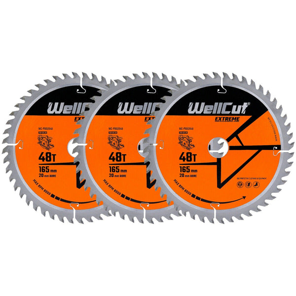 WellCut® TCT Extreme Circular Saw Plunge Saw Blade 165mm x 20mm x 48T, Suitable for SP6000, DWS520, DCS520, GKT55 - Pack of 3