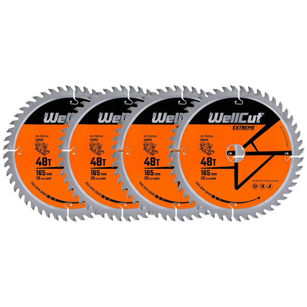 WellCut® TCT Extreme Circular Saw Plunge Saw Blade 165mm x 20mm x 48T, Suitable for SP6000, DWS520, DCS520, GKT55 Pack of 4