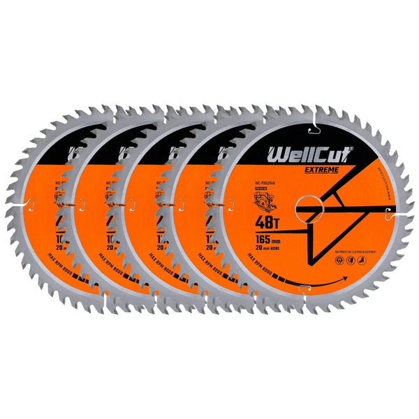 WellCut® TCT Extreme Circular Saw Plunge Saw Blade 165mm x 20mm x 48T, Suitable for SP6000, DWS520, DCS520, GKT55 - Pack of 5