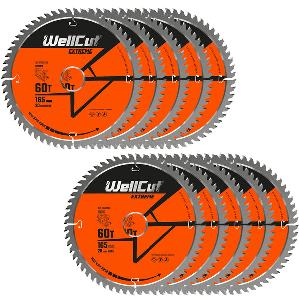 WellCut® TCT Extreme Circular Saw Plunge Saw Blade 165mm x 20mm x 60T, Suitable for SP6000, DWS520, DCS520, GKT55 - Pack of 10
