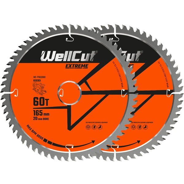 WellCut® TCT Extreme Circular Saw Plunge Saw Blade 165mm x 20mm x 60T, Suitable for SP6000, DWS520, DCS520, GKT55 - Pack of 2