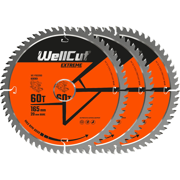 WellCut® TCT Extreme Circular Saw Plunge Saw Blade 165mm x 20mm x 60T, Suitable for SP6000, DWS520, DCS520, GKT55 - Pack of 3