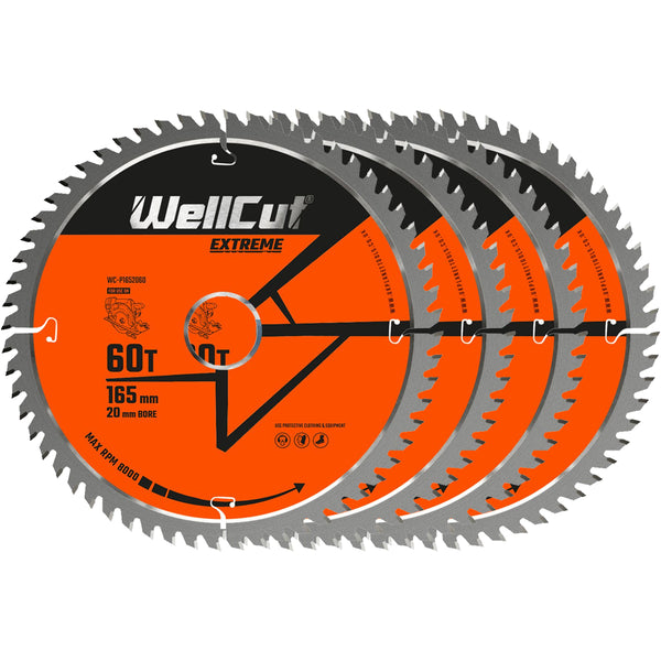 WellCut® TCT Extreme Circular Saw Plunge Saw Blade 165mm x 20mm x 60T, Suitable for SP6000, DWS520, DCS520, GKT55 - Pack of 4