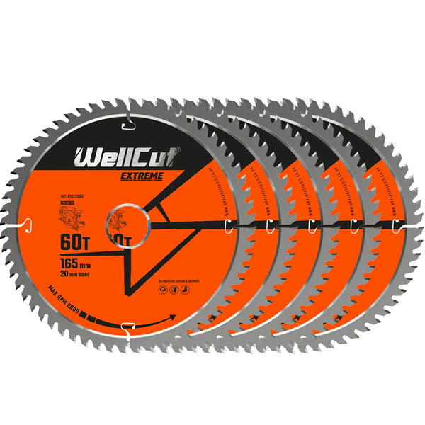 WellCut® TCT Extreme Circular Saw Plunge Saw Blade 165mm x 20mm x 60T, Suitable for SP6000, DWS520, DCS520, GKT55 - Pack of 5